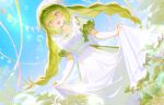  1girl 2isis6_v :d apron blue_sky braid braided_twintails colorful commentary day double-parted_bangs dress dutch_angle feet_out_of_frame floating_hair frilled_apron frills green_dress green_hair hair_between_eyes holding_own_dress long_bangs long_hair maid_apron open_mouth outdoors overlighting puffy_short_sleeves puffy_sleeves purple_eyes short_sleeves sky smile solo standing stellive summer very_long_hair virtual_youtuber white_apron yuzuha_riko 