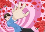  1girl black_pants blue_jacket blush brown_eyes brown_hair commentary crossdressing falling flower fujioka_haruhi heart heart_background highres jacket kirora95 open_mouth ouran_high_school_host_club pants petals reaching rose school_uniform self-upload short_hair solo 