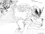  2014 anthro anus balls buddyfight butt dragon drum_(buddyfight) duo erection hair horn humanoid_penis kinous_axia male nude penis raised_tail reptile scalie sketch spanish_text suggestive teeth text vandi 