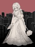  1girl akane_(mahoiku) armor building city commentary_request highres holding holding_sword holding_weapon katana long_hair long_skirt looking_at_viewer magical_girl mahou_shoujo_ikusei_keikaku mahou_shoujo_ikusei_keikaku_restart pink_background shoulder_armor skirt solo sword weapon yomo_gigyoza 