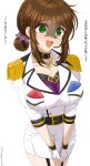  1girl belt black_belt black_choker blush bra breast_pocket breasts brown_hair chamumi_(mochiumee) choker cleavage commentary_request epaulettes female_admiral_(kancolle) fingerless_gloves folded_ponytail gloves green_eyes hair_between_eyes highres jacket kantai_collection large_breasts military_uniform mole mole_on_breast mole_on_thigh mole_under_mouth open_mouth own_hands_together pocket purple_bra sidelocks skirt solo translation_request underwear white_gloves white_jacket white_skirt 