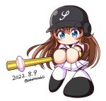  1girl 2022 arihara_tsubasa ball baseball_(object) baseball_bat baseball_helmet baseball_uniform black_hat black_shoes blue_eyes blush brown_hair cinderella_series commentary_request commission dated hachigatsu_no_cinderella_nine hat helmet highres holding holding_baseball_bat jikkyou_powerful_pro_yakyuu jikkyou_powerful_pro_yakyuu_(style) long_hair multicolored_shoes no_mouth playing_sports rayman_limbs sailor_collar satogahama_baseball_uniform shiroi_tansu shirt shoes skeb_commission skirt solo sportswear striped_clothes striped_shirt swinging_baseball_bat twitter_username two-tone_shoes vertical-striped_clothes vertical-striped_shirt white_background white_sailor_collar white_shoes white_skirt 