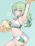  1girl absurdres arm_up armpits blue_archive blush breasts character_name cheerleader cleavage commentary_request copyright_name cosplay cowboy_shot cropped_shirt green_background green_hair grin heart highres holding holding_pom_poms korean_commentary large_breasts long_hair looking_at_viewer looking_to_the_side maksagwa millennium_cheerleader_outfit_(blue_archive) miniskirt navel outline pleated_skirt pom_pom_(cheerleading) ponytail shirt simple_background skirt sleeveless sleeveless_shirt smile solo speech_bubble spoken_heart standing stellive stomach thigh_strap two-tone_shirt virtual_youtuber white_outline white_skirt yuzuha_riko 