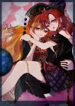  2girls black_dress black_shirt blonde_hair character_name commentary_request crescent_print dalachi_(headdress) dress earth_(ornament) emimi_(emimi_28) hand_on_another's_back hecatia_lapislazuli junko_(touhou) long_hair looking_at_viewer medium_hair miniskirt multiple_girls open_mouth red_eyes red_hair red_tabard shirt sitting sitting_on_lap sitting_on_person skirt strapless strapless_shirt tabard touhou underworld_(ornament) very_long_hair 