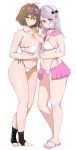  2girls ahoge anis_(nikke) anis_(sparkling_summer)_(nikke) asymmetrical_docking bikini black_choker breast_press breasts brown_eyes brown_hair cain_lk choker commentary_request flip-flops full_body glasses goddess_of_victory:_nikke green_eyes greyscale hairband highres holding_hands large_breasts long_hair medium_breasts medium_hair monochrome multiple_girls navel neon_(blue_ocean)_(nikke) neon_(nikke) pink_hairband pink_skirt pleated_skirt red-framed_eyewear sandals skirt smile standing sunglasses swimsuit white_background white_bikini 