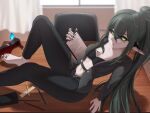  1girl barefoot black_bra black_hair black_jacket black_nails black_pants black_shoes blue_butterfly bra breasts bug butterfly chair cleavage clipboard colored_skin cross cross_facial_mark curtains desk facial_mark feet freckles glasses green_eyes grey_skin hair_between_eyes highres hui_yu indie_virtual_youtuber jacket jewelry layna_lazar long_hair long_sleeves looking_at_viewer medium_breasts navel office office_lady on_desk open_clothes open_jacket pants pencil pointy_ears ponytail shoes solo suit toe_ring underwear unworn_shoes virtual_youtuber 