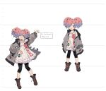  1girl arm_up brown_shoes character_name choker coat commentary_request dress full_body grey_coat hair_over_one_eye hosato_mikine legs_apart long_sleeves looking_at_viewer medium_hair multiple_views official_art open_clothes open_coat open_hand pink_choker pink_hair pink_pupils project_grimms puffy_long_sleeves puffy_sleeves purple_eyes shoes standing tongue tongue_out white_background white_dress 