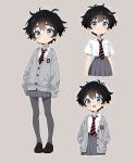 1girl absurdres antenna_hair black_hair black_shoes blue_eyes breast_pocket cardigan child diagonal-striped_clothes diagonal-striped_necktie emily_(leims) grey_background grey_cardigan grey_pantyhose grey_skirt grey_sweater highres leims_(urje8584) long_sleeves messy_hair multiple_views necktie original pantyhose pocket polo_shirt school_uniform shirt shoes simple_background skirt smile striped_clothes striped_necktie sweater white_shirt 