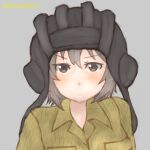  1girl commentary_request girls_und_panzer green_shirt grey_background helmet highres long_sleeves looking_at_viewer military military_uniform nishizumi_maho one-hour_drawing_challenge shirt simple_background slava0621 smile solo tank_helmet 