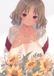  1girl absurdres blush breasts closed_mouth collarbone commentary convenient_censoring dot_nose flower green_hair highres kazami_yuuka large_breasts long_sleeves looking_at_viewer no_bra penglai_tea red_eyes short_hair simple_background smile solo sunflower sweat sweaty_breasts touhou untranslatable_commentary upper_body variant_set white_background 
