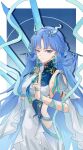  1girl absurdres ang_bai_quan blue_background blue_eyes blue_hair border breasts closed_mouth commentary_request dress earrings hair_ornament hair_stick highres jewelry kuji-in long_hair looking_at_viewer medium_breasts qingxiao_(wuthering_waves) smile solo sword upper_body weapon white_border white_dress wuthering_waves 