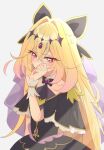  1girl antenna_hair black_bow black_bowtie black_capelet black_dress blonde_hair blush border bow bowtie capelet commentary covered_mouth crossed_bangs cure_arcana_shadow dress frilled_capelet frills hair_between_eyes hair_bow hair_intakes hand_up highres long_hair looking_at_viewer magical_girl meitantei_precure! moria_luluka nia_(pixiv_113134271) pink_eyes precure solo upper_body wrist_cuffs 