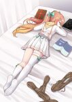  1girl absurdres blue_archive book bow chinese_commentary closed_eyes commentary_request commission feathered_wings glasses green_bow hair_bow head_wings highres indoors kneehighs long_hair lying no_shoes on_bed on_stomach orange_hair orange_sailor_collar orange_wings pleated_skirt sailor_collar school_uniform second-party_source serafuku shimiko_(blue_archive) shirt single_kneehigh single_sock single_thighhigh skirt sleeping socks soles solo thighhighs twintails very_long_hair white_shirt white_skirt white_socks white_thighhighs wings yanx5 