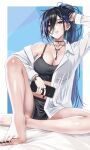  1girl ayase_yuu black_hair black_nails blue_eyes blue_hair blue_streaks breasts cleavage commentary_request highres holding holding_phone jewelry long_hair maximum_pamyu multicolored_hair necklace open_clothes open_shirt parted_lips phase_connect phone ponytail shirt solo streaked_hair virtual_youtuber white_shirt 