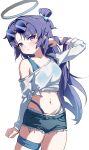  1girl :t absurdres alternate_costume alternate_hairstyle black_halo blue-tinted_eyewear blue_archive blue_shorts blush bra_strap commentary cowboy_shot eyewear_on_head hair_bun halo highres long_hair looking_at_viewer mechanical_halo navel pout purple_eyes purple_hair round_eyewear shanqianqian_377 shirt short_shorts shorts simple_background single_side_bun solo thigh_strap tied_shirt tinted_eyewear tucking_hair turning_head white_background white_shirt yuuka_(blue_archive) 