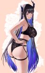  1girl absurdres ass asymmetrical_horns black_bra black_hair black_horns black_panties blue_hair bra breasts cleavage colored_inner_hair demon_horns floral_background garter_belt hair_ornament highres hololive hololive_english horns lace lace-trimmed_bra lace-trimmed_panties lace_trim large_breasts long_hair looking_at_viewer mole mole_under_eye multicolored_hair nerissa_ravencroft panties pink_background red_eyes reendhw solo thighs two-tone_hair underwear underwear_only uneven_horns very_long_hair virtual_youtuber 