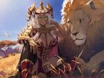  >:) 1girl amiba_(nerdamiba) animal armlet armor blonde_hair blue_sky blurry breasts chinese_commentary cleavage closed_mouth clothing_cutout commentary_request dark-skinned_female dark_skin depth_of_field earrings elbow_rest fire_emblem fire_emblem:_fortune's_weave gold_armlet gold_armor gold_choker gold_collar gold_earrings green_eyes hand_on_own_cheek hand_on_own_face hand_up headpiece highres jewelry large_breasts leaf light_smile lion long_hair looking_at_viewer looking_to_the_side motion_blur outdoors shade sitting sky smirk solo solo_focus sunlight theodora_(fire_emblem) thick_thighs thighs tree v-shaped_eyebrows very_long_hair wheat_field 
