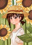  1girl blush chainsaw_man dress flower from_side grass hair_ornament hairclip hat higashiyama_kobeni highres looking_at_viewer mole mole_on_cheek mole_under_eye mole_under_mouth ponytail short_hair short_ponytail solo sun_hat sundress sunflower sunlight tagme tall_grass white_dress zanchirarin 