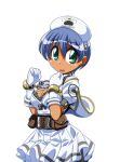 1girl blue_hair breasts cleavage cleavage_cutout clenched_hands clothing_cutout collared_dress corset cowboy_shot dark-skinned_female dark_skin dress game_asset gloves green_eyes hair_between_eyes hands_up hat large_breasts large_variant_set lowres manjuverunu_no_sen_otome non-web_source nurse nurse_cap official_art parted_lips puffy_short_sleeves puffy_sleeves sally_merci_(manjuverunu) self-datamine short_dress short_hair short_sleeves simple_background siubomanjyu solo stethoscope tachi-e transparent_background variant_set wavy_mouth white_dress white_gloves white_hat 