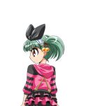  1girl angry black_bow bow brown_eyes closed_mouth collarbone cowboy_shot from_behind game_asset green_hair hair_bow hooded_shirt large_variant_set layered_skirt long_sleeves lowres manjuverunu_no_sen_otome miniskirt non-web_source official_art profile self-datamine simple_background siubomanjyu skirt solo standing tachi-e tama_tamara_tabasa_(manjuverunu) transparent_background twintails v-shaped_eyebrows variant_set 