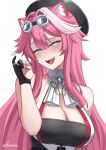  1girl 2024 animal_ear_fluff animal_ears artist_name bare_shoulders black_gloves blue_eyes breasts cleavage cleavage_cutout clothing_cutout commentary cslucaris english_commentary gloves glowing glowing_eyes goggles goggles_on_head highres hololive hololive_english jewelry long_hair looking_at_viewer multiple_rings open_mouth panther_ears panther_girl pink_hair raora_panthera raora_panthera_(1st_costume) ring smile solo virtual_youtuber 