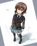 1girl belt black_boots black_jacket black_necktie blue_shirt blue_skirt blush boots breasts brown_belt brown_eyes brown_hair clenched_hands closed_mouth commentary dress_shirt girls_und_panzer haiiro_purin jacket large_breasts long_sleeves looking_at_viewer military military_uniform necktie niedersachsen_military_uniform nishizumi_maho one-hour_drawing_challenge shirt simple_background skirt solo twitter_username two-tone_background white_background zettai_ryouiki 