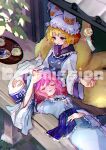  2girls animal_ears aqua_kimono artist_name blonde_hair blue_sash blue_tabard closed_eyes commentary_request commission cup dress emimi_(emimi_28) fox_ears fox_girl fox_tail hat head_on_another's_leg japanese_clothes kimono lying mob_cap multiple_girls multiple_tails on_back pink_hair plate saigyouji_yuyuko sash skeb_commission tabard tail teacup touhou tray triangular_headpiece twitter_username watermark white_dress wide_sleeves yakumo_ran 
