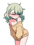  1girl blush bottomless breasts commentary embarrassed green_eyes green_hair ink_(inksgirls) long_hair messy_hair off-shoulder_sweater off_shoulder small_breasts solo sunna_(zenless_zone_zero) sweat sweater zenless_zone_zero 