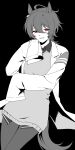  1girl absurdres agnes_tachyon_(tach-nology)_(umamusume) agnes_tachyon_(umamusume) ahoge animal_ears black_background chemical_structure coat collared_shirt commentary cowboy_shot dot_nose earrings greyscale grin hair_between_eyes hand_on_own_chin hand_on_own_elbow highres horse_ears horse_girl horse_tail jewelry lab_coat looking_at_viewer medium_hair monochrome necktie open_clothes open_coat pantyhose pono3330 red_eyes shirt short_necktie simple_background single_earring sleeves_past_fingers sleeves_past_wrists smile solo spot_color sweater_vest tail umamusume untranslatable_commentary wolf_cut 