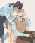  2boys all_saints_street angel_wings black_hair blue_eyes brown_hair brown_vest collared_shirt commentary_request facial_hair goatee_stubble grey_background grey_pants halo halo_removed hand_on_another's_shoulder highres horns long_sleeves lynn_angel male_focus multiple_boys nick_holt pants red_horns shirt sitting stubble tensoba20230223 vest wings yaoi 