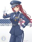  1girl absurdres aiguillette american_flag american_flag_background belt bilingual_commentary blue_belt blue_hat blue_jacket blue_pants blue_shirt chinese_commentary commentary cowboy_shot emblem english_commentary english_text flag_background gloves green_eyes hand_on_own_hip hat highres jacket l_hand leochan1202 long_hair looking_at_viewer medal military military_dress_uniform military_rank_insignia military_uniform mixed-language_commentary one_eye_closed original pants peaked_cap red_hair shirt smile solo twintails twitter_username united_states_air_force white_background white_gloves 