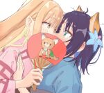  2girls ahoge animal_ears blonde_hair blue_kimono blue_nails brown_eyes cho_kaguya-hime! commentary_request flower fox_ears green_eyes hair_flower hair_ornament hand_fan highres hiiragii_(hiiragi_0404) holding holding_fan inudoge japanese_clothes kaguya_(cho_kaguya-hime!) kaguya_(tsukuyomi)_(cho_kaguya-hime!) kimono kiss long_hair multiple_girls nail_polish pink_kimono purple_hair rabbit_ears rabbit_girl sakayori_iroha sakayori_iroha_(tsukuyomi) simple_background upper_body white_background yuri 