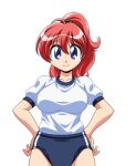  1girl blue_eyes breasts buruma closed_mouth game_asset gym_shirt gym_uniform hair_between_eyes hands_on_own_hips large_breasts large_variant_set long_hair lowres manjuverunu_no_sen_otome marianne_(manjuverunu) non-web_source official_art ponytail red_hair self-datamine shirt short_sleeves simple_background siubomanjyu smile solo standing tachi-e transparent_background variant_set 