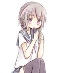  1girl amakaze_sora blue_sailor_collar blue_skirt blush brown_thighhighs feet_out_of_frame grey_hair hair_over_shoulder long_hair low_twintails neckerchief original pink_eyes pink_neckerchief pleated_skirt sailor_collar shirt short_sleeves simple_background skirt solo thighhighs twintails tying_hair white_background white_shirt 