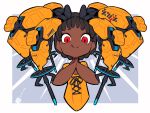  1girl :d artist_logo brown_hair cropped_torso cross-laced_clothes cross-laced_top cyborg dark-skinned_female dark_skin dreadlocks excited grey_background highres iwako_(eiken3kyuboy) logo long_hair looking_at_viewer mecha_musume mechanical_hair original own_hands_clasped own_hands_together red_eyes shirt smile tongue tongue_out twitter_username two-tone_background white_background yellow_shirt 
