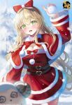  1girl absurdres belt blonde_hair blue_sky blurry blurry_background blush bow braid breasts brown_belt capelet cleavage commentary_request dress eliisa_(mahjong_soul) green_eyes hair_bow hairband hand_up haruhiruri highres holding holding_snowball long_hair long_sleeves looking_at_viewer mahjong_soul official_art open_mouth outdoors red_bow red_capelet red_dress red_hairband second-party_source single_braid sky smile snowball very_long_hair 