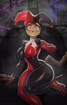  1boy 1girl alternate_costume animal_ears animal_nose batman batman:_the_animated_series batman_(series) bodysuit breasts cat_ears cat_girl cat_tail commentary cosplay dc_comics english_commentary furry furry_female gameoverse harley_quinn harley_quinn_(classic) harley_quinn_(cosplay) highres john_fox kit_bodega large_breasts multicolored_jumpsuit red_eyes silhouette snout tail thick_thighs thighs whiskers 