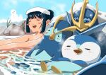  1girl absurdres akari_(pokemon) blue_hair blush_stickers closed_eyes commentary_request empoleon evolutionary_line grass highres niek4649 onsen piplup pokemon pokemon_(creature) pokemon_legends:_arceus prinplup smile snowman steam towel towel_on_head water_type_theme_(pokemon) 