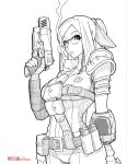  10mm_pistol 1girl bandaged_hand bandages breasts cigarette commentary english_commentary fallout fallout_4 fritzyhoho glasses gun handgun highres holding holding_gun holding_weapon jumpsuit long_hair medium_breasts mouth_hold pip_boy ponytail simple_background smoke smoking sole_survivor_(female) solo spikes vault_suit weapon white_background 