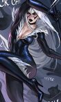  1girl black_bodysuit black_cat_(marvel) black_mask bodysuit breasts choker domino_mask eye_mask felicia_hardy fur-trimmed_bodysuit fur_trim gloves green_eyes highres long_hair marvel mask misa_mi solo spider-man_(series) superhero_costume white_hair 