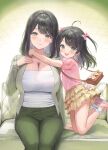  2girls :d ahoge arm_at_side arms_around_neck bag bare_legs black_hair blush breasts brown_bag brown_cardigan cardigan cleavage closed_mouth commentary_request couch frilled_socks frills green_eyes green_pants hair_between_eyes hand_on_own_chest highres huge_breasts impossible_clothes impossible_shirt kneeling layered_skirt looking_at_viewer looking_to_the_side low_neckline medium_hair miniskirt mother_and_child mother_and_daughter multiple_girls on_couch open_cardigan open_clothes open_mouth original pants parent_and_child parted_bangs pink_shirt pink_shoes pleated_skirt print_shirt sakamuke shirt shoes short_sleeves shoulder_bag sitting skirt smile sneakers socks straight_hair turning_head two_side_up white_shirt white_socks yellow_skirt 