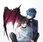  2boys absurdres arknights arknights:_endfield blue_eyes blue_hair camille_(arknights) commentary earrings endministrator_(arknights) english_commentary gloves head_on_hand head_tilt highres implied_yaoi jewelry light_blush long_sleeves male_endministrator_(arknights) male_focus multiple_boys on_ew_u3u parted_lips pointy_ears single_earring single_wing sitting teeth turtleneck vampire white_background wings 