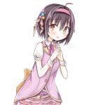  1girl ahoge amakaze_sora black_hair blush brown_eyes collared_shirt commentary_request hair_between_eyes hair_intakes hairband heart idolmaster idolmaster_cinderella_girls jacket kohinata_miho open_mouth pink_hairband pink_jacket pink_skirt puffy_short_sleeves puffy_sleeves shirt short_sleeves simple_background skirt sleeveless sleeveless_jacket solo steepled_fingers white_background white_shirt wonderful_magic_(idolmaster) wrist_cuffs 