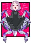  1girl absurdres artist_logo black_bow black_bowtie black_dress black_shirt bow bowtie buttons child clothes_lift collared_shirt cropped_legs curtsey cyborg dress emphasis_lines extra_arms frilled_dress frills grey_hair half-closed_eyes highres iwako_(eiken3kyuboy) juliet_sleeves laughing leggings light_blush limp_wrist logo lolita_fashion long_sleeves mecha_musume mechanical_arms medium_hair open_mouth original petticoat puffy_sleeves red_background red_eyes shirt skirt skirt_lift teeth twitter_username two-tone_background upper_teeth_only white_background white_leggings 