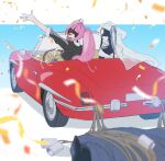  2girls alien_stage black_hair bridal_veil car dress driving english_commentary hair_between_eyes highres mizi_(alien_stage) mizi_(zombie_stage) motor_vehicle multiple_girls ohiya_(ohy_00) open_mouth pink_hair red_car smile steering_wheel sua_(alien_stage) sua_(zombie_stage) suit twintails veil wedding_dress white_dress zombie_stage 