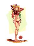  1girl absurdres alt_text arms_up artist_name barefoot bikini black_bikini black_lips black_nails blonde_hair closed_eyes closed_mouth commentary crop_top dated dc_comics english_commentary full_body green_hair harley_quinn heart highres long_hair long_sleeves mikemaihack multicolored_bikini multicolored_hair multicolored_nails nail_polish narrow_waist navel red_bikini red_hair red_nails seashell shell side-tie_bikini_bottom simple_background solo swimsuit thigh_gap toenail_polish toenails twintails two-tone_bikini two-tone_nails white_background 