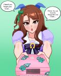  1girl animal_ears bento blush bow brown_eyes brown_hair chestnut_mouth commentary commission ear_covers ears_down english_commentary english_text facing_viewer food foreshortening green_background green_bow green_ribbon hair_bow hair_ribbon hanatohikari hangyodon highres holding holding_bento horse_ears horse_girl horseshoe_ornament incoming_gift king_halo_(umamusume) looking_at_viewer medium_hair pleated_skirt puffy_short_sleeves puffy_sleeves purple_bow raised_inner_eyebrows ribbon sailor_collar school_uniform short_sleeves simple_background skirt solo speech_bubble summer_uniform tracen_school_uniform twitter_username umamusume upper_body white_skirt 
