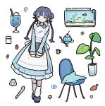  1girl apron blue_dress braid chair commentary_request dolphin double_bun dress fish fish_tank food fucca full_body hair_bun holding holding_tray ice_cream ice_cream_float looking_at_viewer original plant potted_plant pudding seashell shell socks solo standing tray twin_braids v_arms white_apron white_background white_socks 