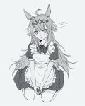  1girl ac3h1gh ahoge animal_ears apron blue_eyes commentary_request dot_nose ear_ornament enmaided frilled_apron frills hair_between_eyes hairband highres horse_ears horse_girl korean_commentary light_blush long_hair looking_at_viewer maid maid_apron neck_ribbon oguri_cap_(umamusume) parted_lips puffy_short_sleeves puffy_sleeves ribbon short_sleeves simple_background sitting solo speech_bubble spot_color thighhighs translated umamusume v_arms wariza white_background 
