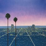  building city_lights cityscape clear_sky commentary english_commentary engrish_commentary highres hiroshi_nagai horizon no_humans ocean original outdoors palm_tree sky skyscraper traditional_media tree water 